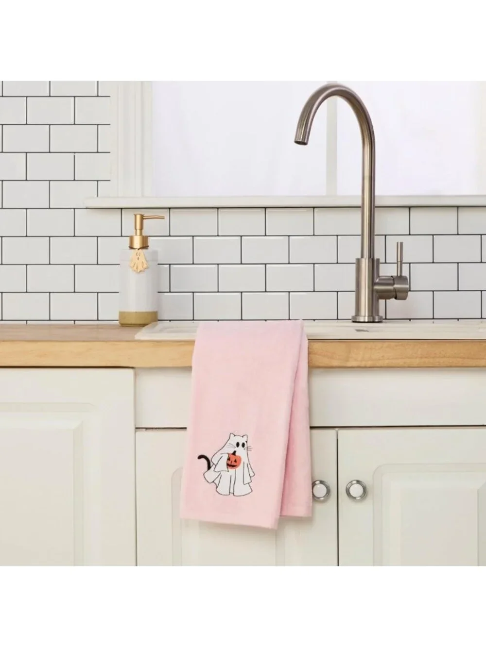 Embroidered Halloween Ghost Cat Hand Towel Set - 100% Cotton, Decorative